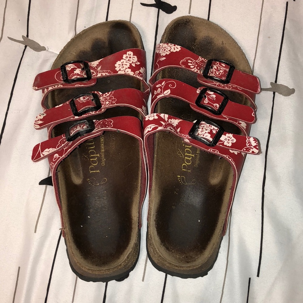 Red and white paisley birkenstocks